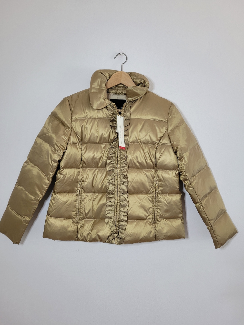 Talbots Petites Metallic Gold Down Filled Ruffle Puffer Jacket Size MP BNWT